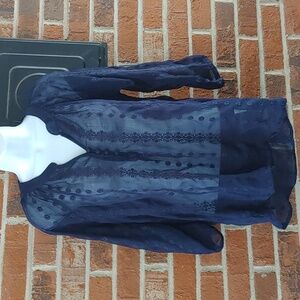 Olive & Oak Sheer Navy Split Neck High Low Blouse Size M